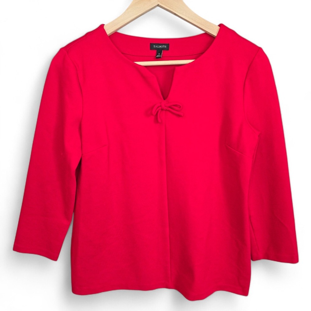 Talbots Top Womens Small Red V Neck Blouse Bow 3/4 Sleeve Stretch Career Ladies